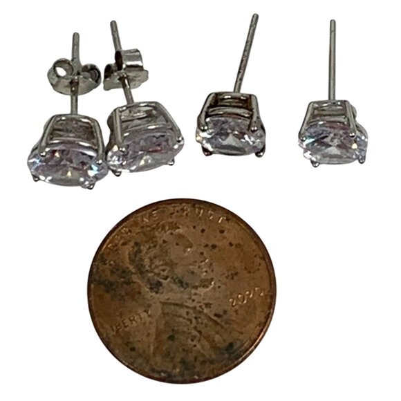 Two Pairs of 925 Sterling Silver Round CZ Stud Earrings 8mm 7mm Basket Prong Set - Picture 6 of 6